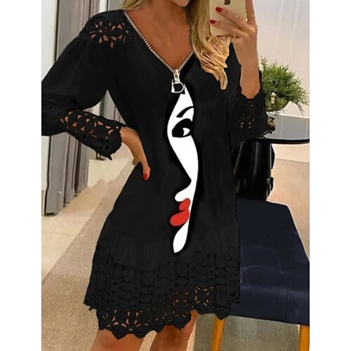 

Women's Black Dress Print Dress Short Mini Dress Black Long Sleeve Print Print Fall Winter V Neck Casual Modern 2022 S M L XL 2XL 3XL