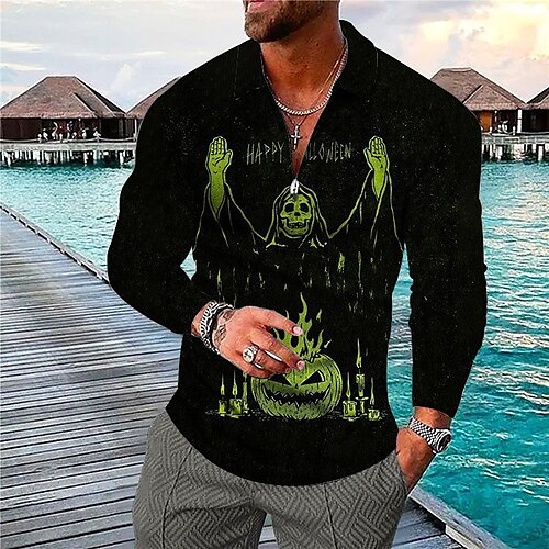 

Men's Collar Polo Shirt Golf Shirt Skull Letter Pumpkin Turndown Green 3D Print Halloween Street Long Sleeve Zipper Print Clothing Apparel Vintage Cool Designer Casual