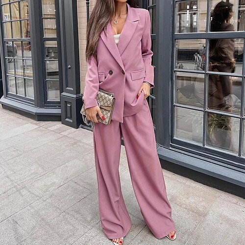 

Women's Blazer Pants Sets Pink Beige Daily Work Solid Color Shirt Collar Pant S M L XL