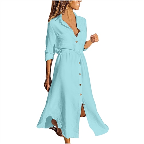 

Robe mi-longue Femme Robe casual manche longue Hiver Automne - Mode Casual Moderne Lacet Bouton Couleur monochrome Col de Chemise robe hiver Fin de semaine robe automne Ample 2023 Blanche Jaune Rose