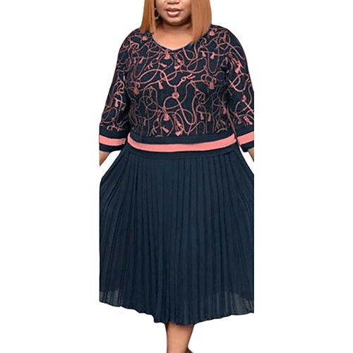 

Women's Plus Size Work Dress Print Crew Neck Long Sleeve Fall Winter Stylish Work Midi Dress Vacation Going out Dress
