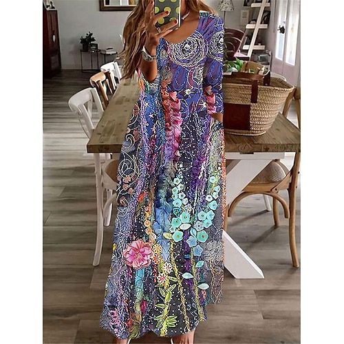

Women's Casual Dress A Line Dress Maxi long Dress Purple Long Sleeve Floral Pocket Print Fall Winter V Neck Vacation Casual 2022 S M L XL XXL 3XL