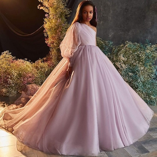 

Wedding Party Princess Flower Girl Dresses One Shoulder Sweep / Brush Train Chiffon Tulle Winter Fall with Pleats Pure Color Cute Girls' Party Dress Fit 3-16 Years