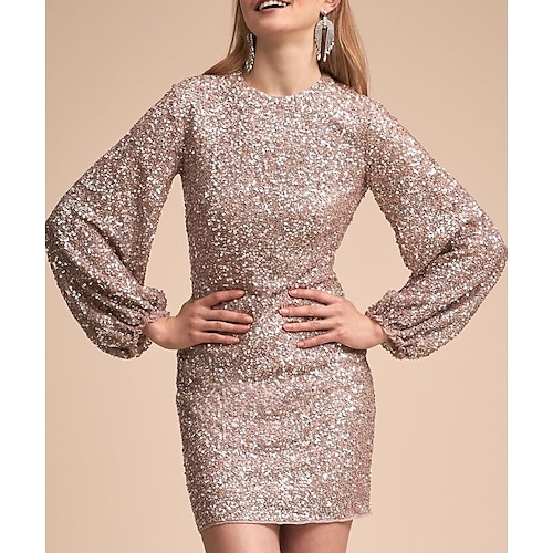 

Women's Party Dress Sequin Dress Champagne Long Sleeve Pure Color Sequins Winter Fall Autumn Crew Neck Fashion Party Winter Dress Wedding Guest 2022 S M L XL XXL 3XL