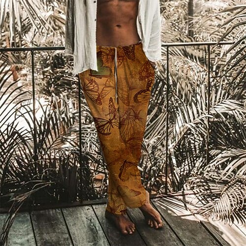 

Men's Trousers Beach Pants Pocket Drawstring Elastic Waist Butterfly Graphic Prints Comfort Breathable Casual Daily Holiday Streetwear Designer Brown / Elasticity