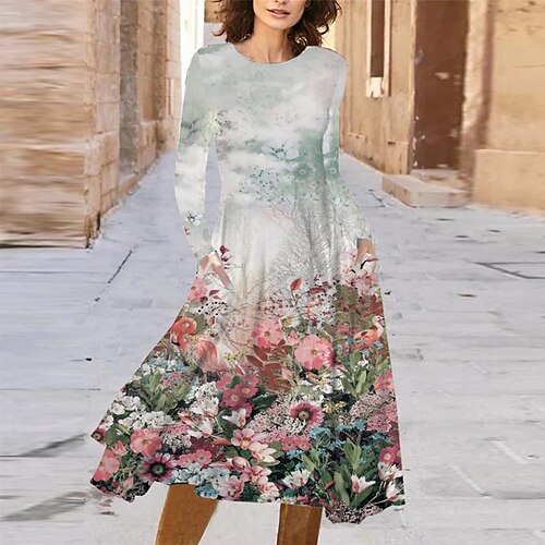 

Mujer Vestido informal Vestido de Columpio Vestido Midi Verde Trébol Manga Larga Floral Bolsillo Invierno Otoño Escote Redondo Vacaciones Vestido de invierno vestido de otoño 2023 S M L XL XXL 3XL