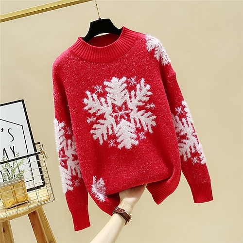 

Women's Pullover Sweater Jumper Ribbed Knit Knitted Patchwork Snowflake Crew Neck Stylish Casual Christmas Holiday Fall Winter Green Blue One-Size / Cotton / Long Sleeve