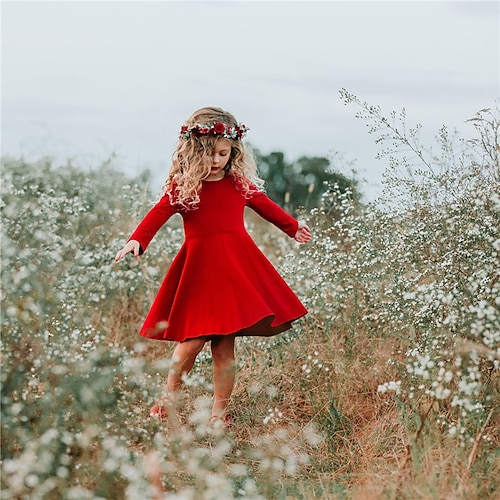 

Infantil Pouco Para Meninas Vestido Cor Sólida Vestido A Line Diário Férias Vermelho Acima do Joelho Manga Longa Básico Casual Vestidos Outono Inverno Normal 3-10 anos