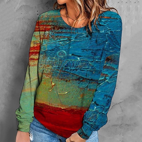 

Women's Sweatshirt Pullover Retro Blue Graphic Geometric Tie Dye Casual Round Neck Long Sleeve S M L XL 2XL 3XL / Winter