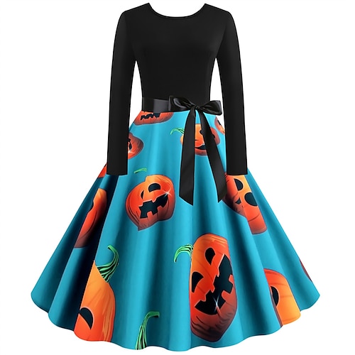 

Women's A Line Dress Swing Dress Knee Length Dress Halloween Black Long Sleeve Pumpkin Print Fall Winter Crew Neck Vintage Fashion 2022 S M L XL XXL
