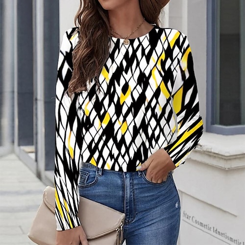 

Women's T shirt Tee Yellow Graphic Geometric Print Long Sleeve Casual Daily Vintage Round Neck Regular Geometric Painting S / 3D Print