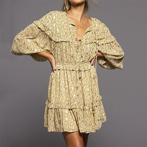 

Women's Floral Dress Boho Dress Long Dress Maxi Dress Light Yellow Long Sleeve Floral Print Winter Fall Autumn V Neck Winter Dress Fall Dress 2022 S M L