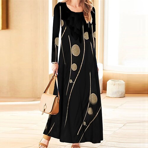 

Women's Casual Dress A Line Dress Maxi long Dress Black Long Sleeve Geometric Pocket Print Fall Winter V Neck Casual Vacation 2022 S M L XL XXL 3XL