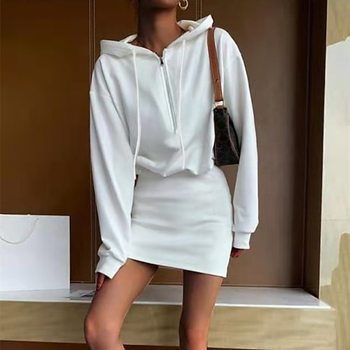

Women's Hoodie Dress Winter Dress Grey White Long Sleeve Pure Color Zipper Winter Fall Hooded Fashion Casual Fall Dress Slim 2022 S M L XL