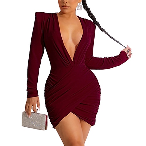 

Women's Velvet Dress Green Bodycon Green Blue Wine Long Sleeve Ruched Velvet Winter Fall Deep V Fashion Sexy Modern Fall Dress Slim S M L XL XXL Winter Dress Sheath Dress