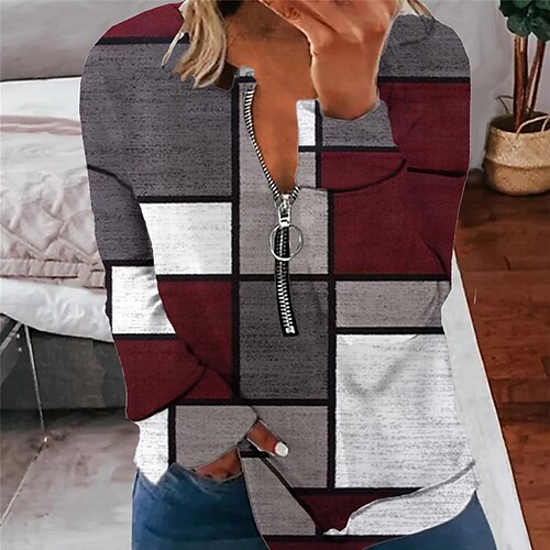 

Women's Plus Size Tops Pullover Sweatshirt Hoodie Sweatshirt Color Block Geometry Zipper Print Long Sleeve Round Neck Streetwear Daily Vacation Polyester Fall Winter Black Blue