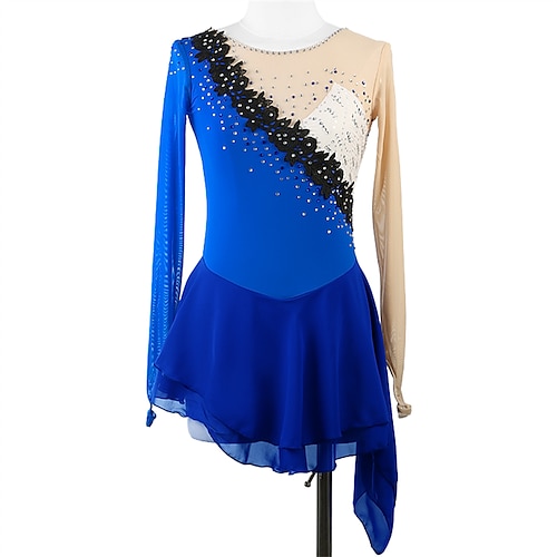 

Figure Skating Dress Women's Girls' Ice Skating Dress Royal Blue Thumbhole Spandex High Elasticity Training Competition Skating Wear Handmade Crystal / Rhinestone Long Sleeve Ice Skating Figure