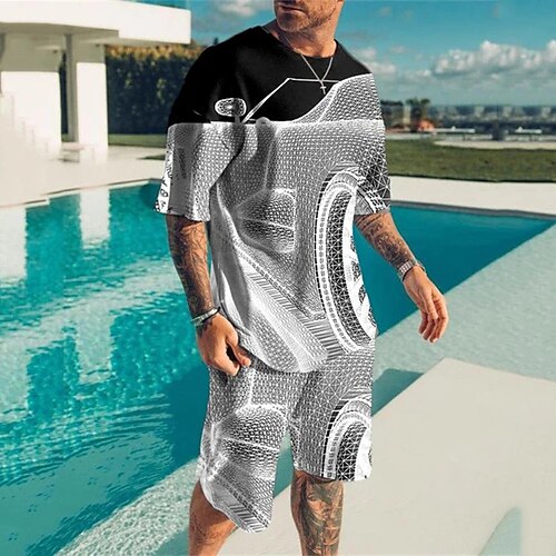 

Men's Shorts and T Shirt Set T-Shirt Outfits Curve Graphic Prints Crew Neck Blue Gray 3D Print Outdoor Street Short Sleeve 3D Print Clothing Apparel 2pcs Basic Classic Comfortable Big and Tall