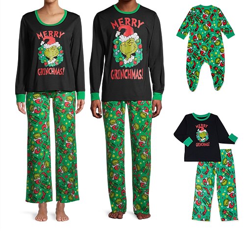 

Christmas Pajamas Family Set Ugly Cartoon Elf Christmas pattern Home Green Long Sleeve Mom Dad and Me Daily Matching Outfits