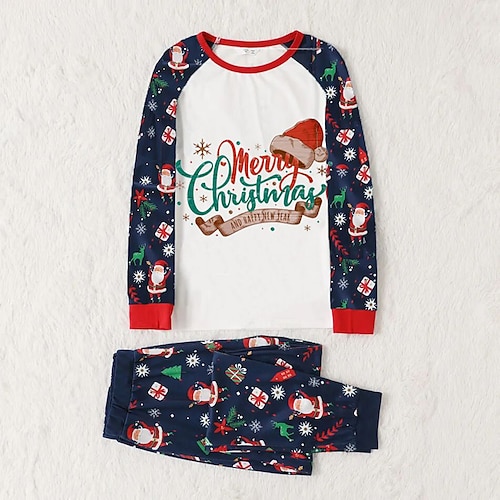 

Women's ChristmasPjs Pajamas Sets 2 Pieces Letter Santa Claus Comfort Home Cotton Crew Neck Winter Fall Navy Blue