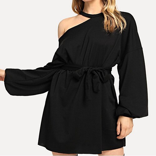 

Women's A Line Dress Swing Dress Short Mini Dress Black Long Sleeve Pure Color Ruched Fall Winter Round Neck Casual 2022 S M L XL