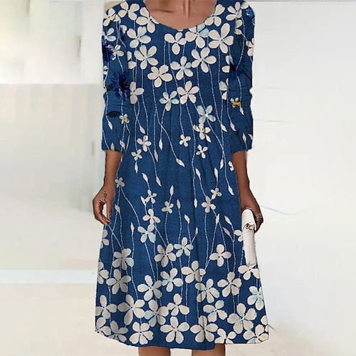 

Women's Casual Dress Midi Dress Dark Blue Long Sleeve Floral Ruched Winter Fall Autumn Winter Dress Weekend Fall Dress 2022 S M L XL XXL 3XL 4XL 5XL 6XL