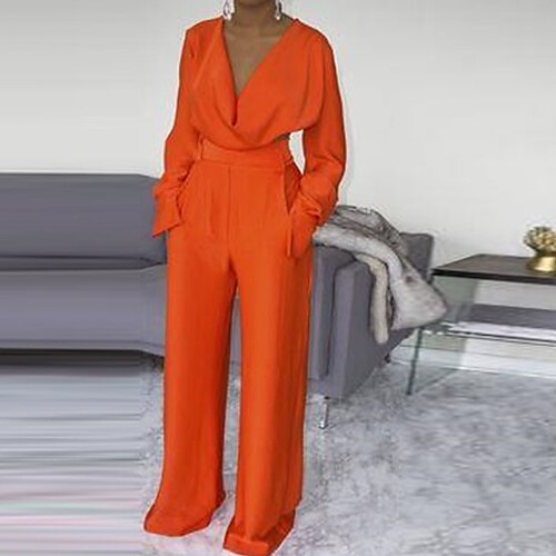 

Women's Jumpsuit High Waist Solid Color V Neck Streetwear Street Daily Regular Fit Long Sleeve Orange S M L Fall
