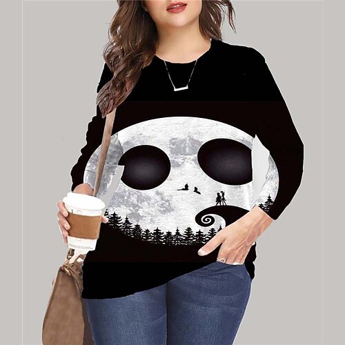 

Women's Plus Size Tops Pullover Sweatshirt Hoodie Sweatshirt Skull Print Long Sleeve Crewneck Vintage Casual Halloween Halloween Daily Microfiber Fall Winter Black
