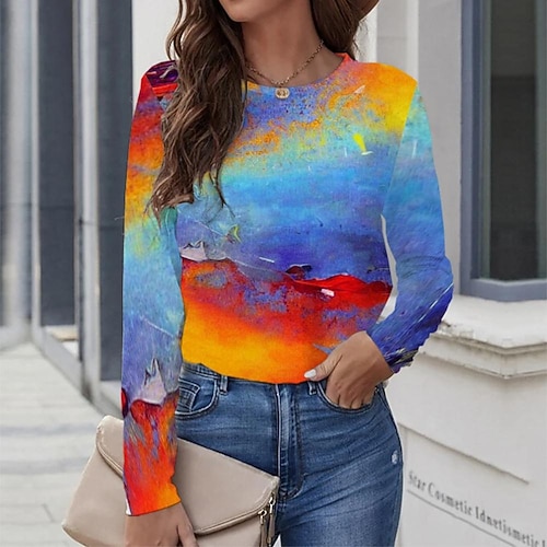 

Women's T shirt Tee Blue Graphic Geometric Print Long Sleeve Casual Daily Vintage Round Neck Regular Geometric Painting S / 3D Print
