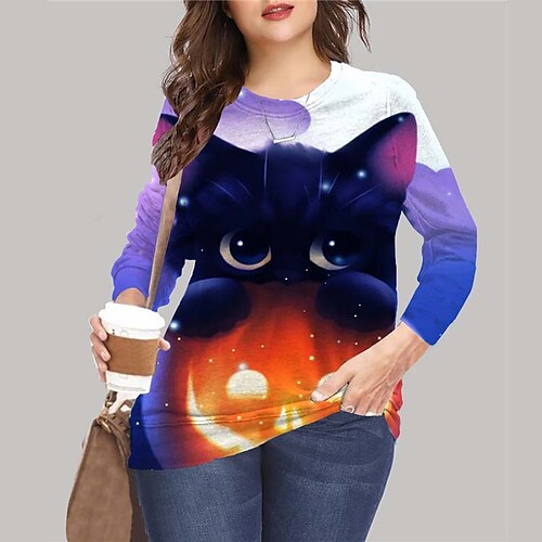 

Women's Plus Size Tops Pullover Sweatshirt Hoodie Sweatshirt Animal Cat Print Long Sleeve Crewneck Vintage Casual Halloween Halloween Daily Microfiber Fall Winter Purple