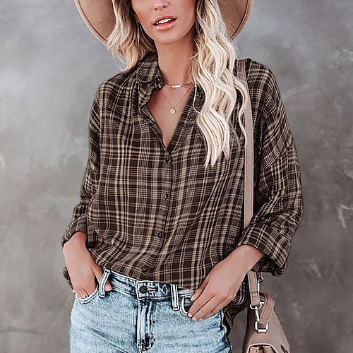 

Women's Blouse Shirt Yellow Gray Plaid Print Long Sleeve Casual Shirt Collar Regular Cotton S