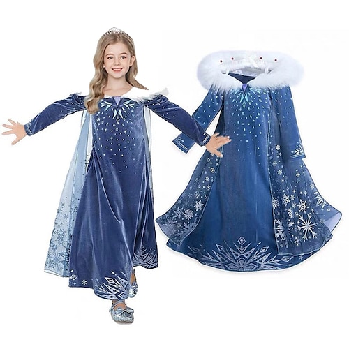 

Kids Girls' Elsa Frozen Snowflake Costume Dress Fur Collar A Line Dress Performance Party Navy Blue Midi Long Sleeve Princess Sweet Dresses Fall Winter Regular Fit 3-10 Years
