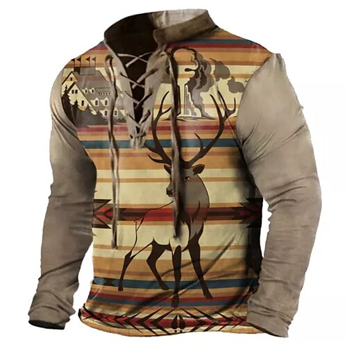 

Men's Unisex Sweatshirt Pullover Brown Standing Collar Graphic Prints Reindeer Lace up Print Casual Daily Sports 3D Print Streetwear Designer Casual Spring & Fall Clothing Apparel Hoodies