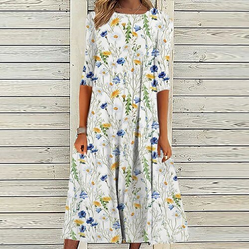 

Women's Casual Dress Shift Dress Midi Dress White 3/4 Length Sleeve Floral Ruched Winter Fall Autumn 2022 S M L XL XXL 3XL