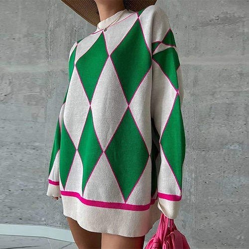 

Women's Pullover Sweater Jumper Ribbed Knit Knitted Argyle Crew Neck Stylish Casual Outdoor Daily Fall Winter Green Blue S M L / Long Sleeve