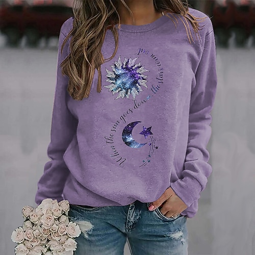 

Women's Sweatshirt Pullover Active Streetwear Monograms Print Black Purple Pink Moon Daily Round Neck Long Sleeve S M L XL XXL