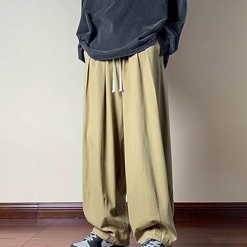 

Men's Trousers Casual Pants Pocket Drawstring Elastic Waist Solid Colored Comfort Soft Daily Holiday Streetwear Cotton Blend Streetwear Loose Black Khaki Micro-elastic / Wide Leg / Spring