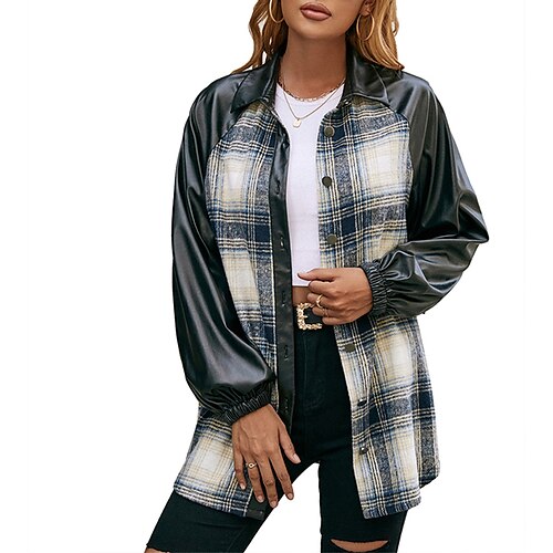 

Women's Casual Jacket Windproof Warm Outdoor Street Daily Vacation Button Print Single Breasted Turndown Fashion Modern Street Style Plaid Regular Fit Outerwear Long Sleeve Winter Fall Navy Black S M