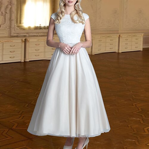 

A-Line Wedding Dresses Jewel Neck Ankle Length Tulle Cap Sleeve Vintage Little White Dress 1950s with Sashes / Ribbons Pleats Appliques 2022