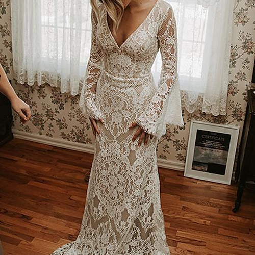 

Mermaid / Trumpet Wedding Dresses V Neck Chapel Train Lace Tulle Sleeveless Beach Boho Sexy Backless Illusion Sleeve with Appliques 2022