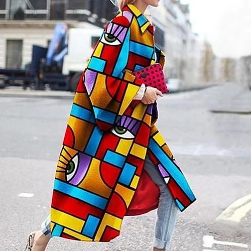 

Women's Winter Coat Warm Breathable Outdoor Daily Wear Vacation Going out Print Open Front Turndown Active Elegant Comfortable Street Style Floral Regular Fit Outerwear Long Sleeve Winter Fall Blue