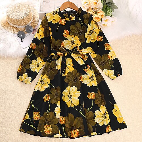 

Kids Little Girls' Dress Graphic A Line Dress Daily Print Yellow Midi Long Sleeve Cute Dresses Spring Fall Slim 4-12 Years