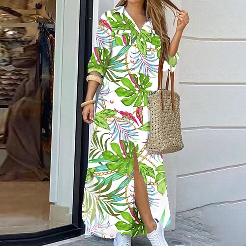 

Women's Casual Dress Shirt Dress Shift Dress Long Dress Maxi Dress Green Purple Orange Long Sleeve Floral Button Winter Fall Autumn Shirt Collar Mature Winter Dress Weekend Fall Dress 2022 S M L XL