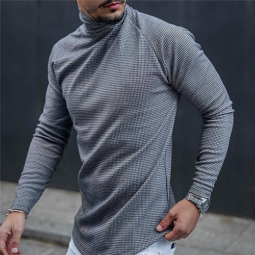 

Men's T shirt Tee Graphic Houndstooth Turtleneck Dark Gray 3D Print Outdoor Street Long Sleeve Print Clothing Apparel Basic Streetwear Designer Comfortable