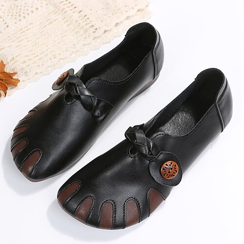 

Women's Slip-Ons Daily Flat Heel Round Toe Casual Walking Shoes PU Leather Loafer Solid Colored Black