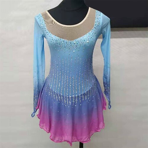 

Figure Skating Dress Women's Girls' Ice Skating Dress Blue Pink Thumbhole Spandex High Elasticity Training Competition Skating Wear Handmade Crystal / Rhinestone Long Sleeve Ice Skating Figure Skating