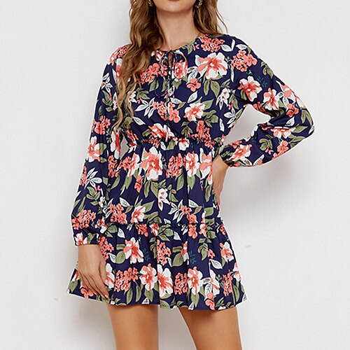 

Women's A Line Dress Short Mini Dress Dark Blue Long Sleeve Floral Print Fall Winter Round Neck Fashion Casual 2022 S M L XL