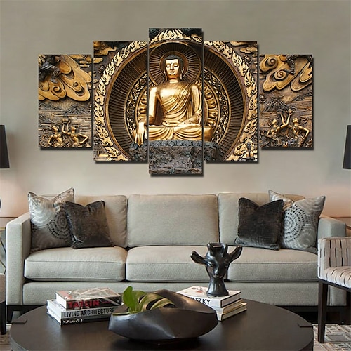 

5 Panels Buddha Prints Golden Maitreya Modern Wall Art Wall Hanging Gift Home Decoration Rolled Canvas Unframed Unstretched Painting Core