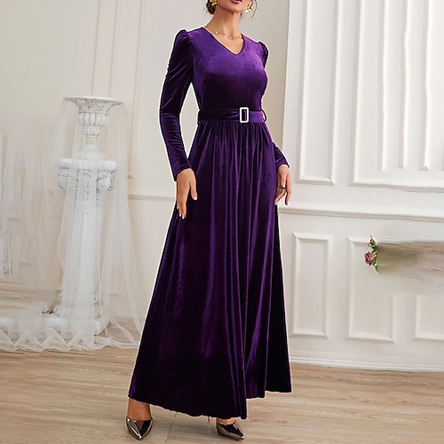 

Women's Velvet Dress Swing Dress Maxi long Dress Purple Long Sleeve Solid Color Ruched With Belt Velvet Fall Winter V Neck Fashion Casual Modern 2022 S M L XL