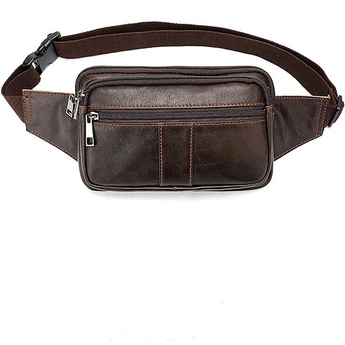 

Men's Fanny Pack Sling Shoulder Bag Crossbody Bag Nappa Leather Cowhide Zipper Solid Color Daily Red Brown Black Coffee